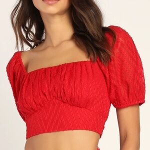 Lulu's Key West Cutie Red Puff Sleeve Tie Back Crop Top